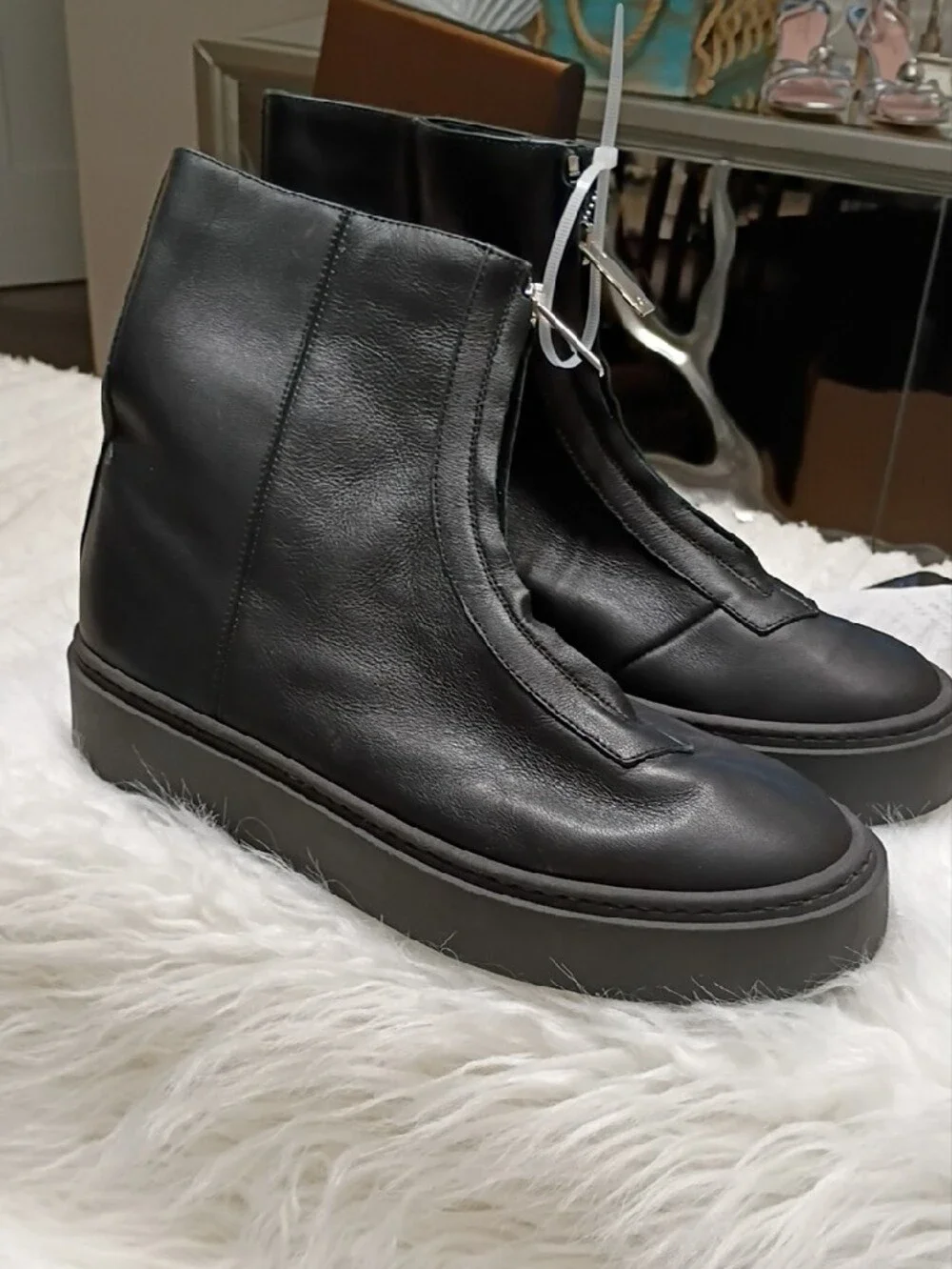 New Aquatalia Libera Made In Italy Black Leather Platform Ankle Boots EU 39